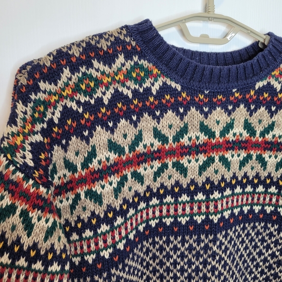 Abercrombie Fitch Chunky Fair Isle Sweater XL Navy Cotton - Picture 3 of 5